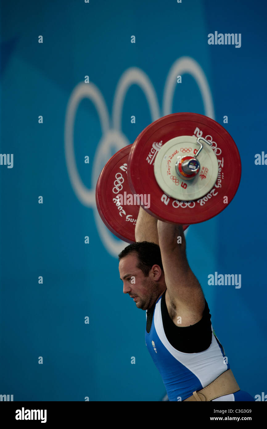 Anastasios Triantafyllou (GRE) competing in the Weightlifting 94kg class at the 2008 Olympic Summer Games, Beijing, China. Stock Photo
