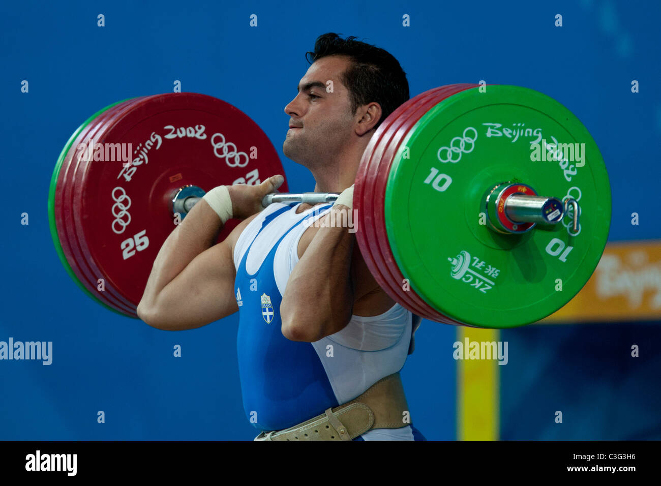 Konstantinos Gkaripis (GRE) competing in the Weightlifting 94kg class at the 2008 Olympic Summer Games, Beijing, China. Stock Photo