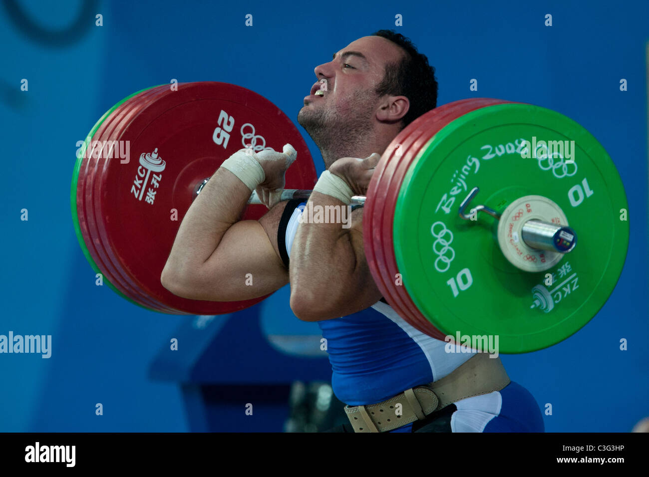 Anastasios Triantafyllou (GRE) competing in the Weightlifting 94kg class at the 2008 Olympic Summer Games, Beijing, China. Stock Photo