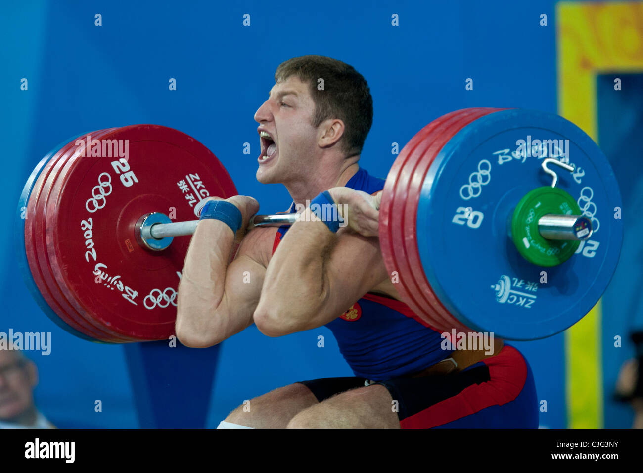 Khadzhimurat Akkaev (RUS) competing in the Weightlifting 94kg class at the 2008 Olympic Summer Games, Beijing, China. Stock Photo