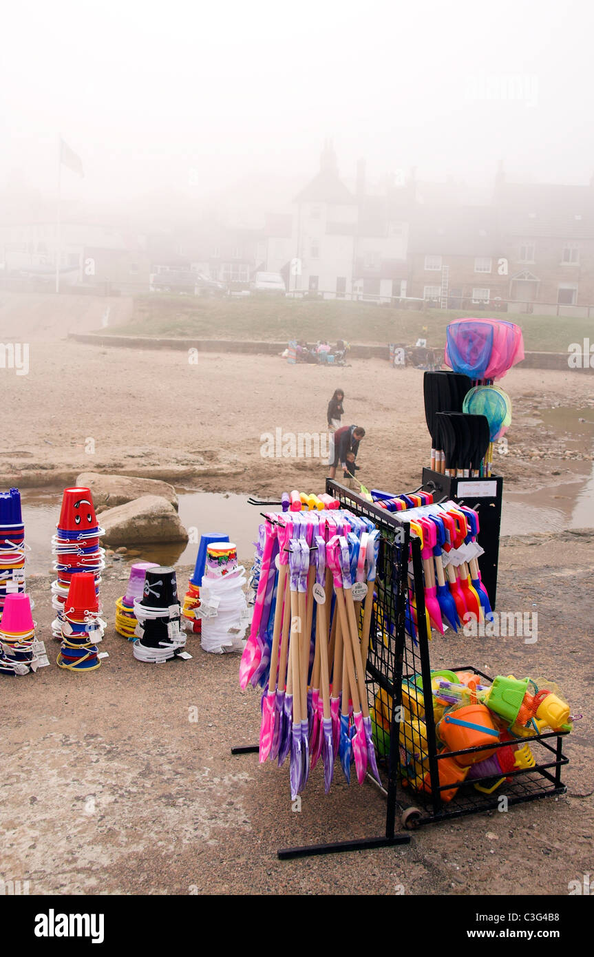 Shop selling bucket and spades, Sandsend Beach, near Whitby, North Yorkshire, England, UK Stock