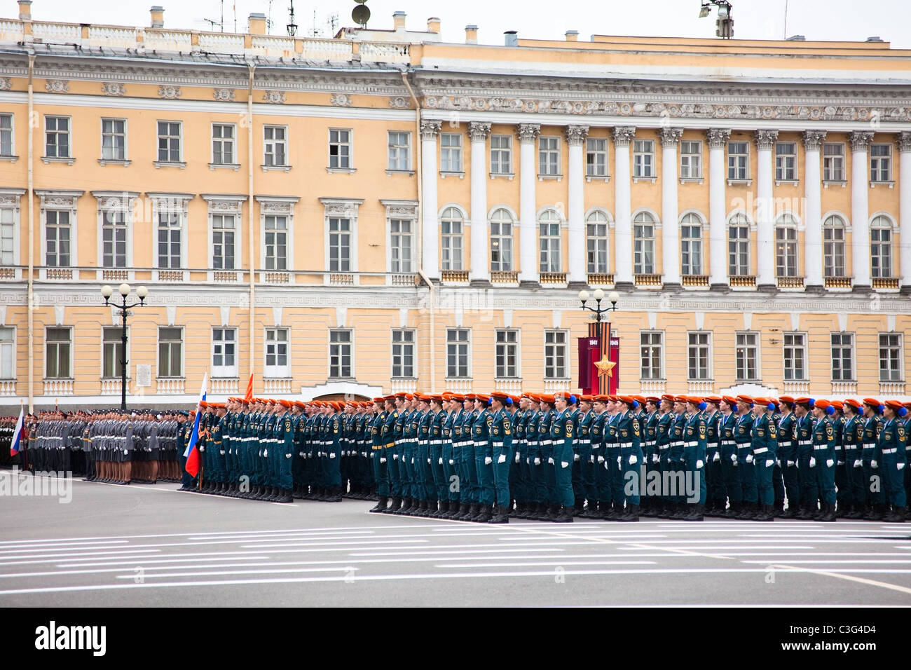 Military parade during rehearsal for the upcoming celebration of 66th Anniversary of Victory Day in Saint-Petersburg, Russia Stock Photo