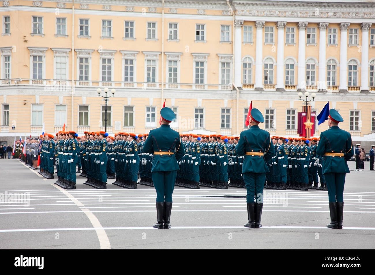 Military parade during rehearsal for the upcoming celebration of 66th Anniversary of Victory Day in Saint-Petersburg, Russia Stock Photo