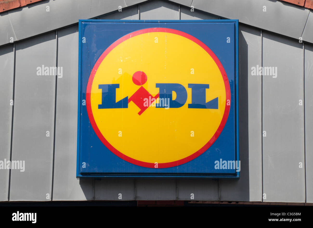 The Lidl logo sign outside the store in Woolwich, East London, UK. Stock Photo