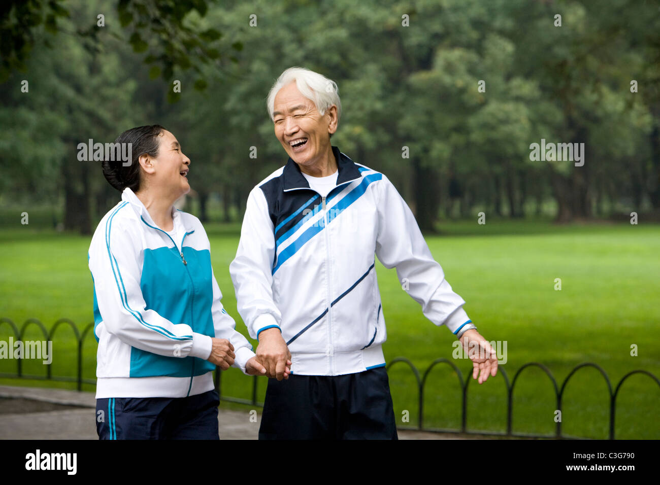 Senior Couple Walking Hand-In-Hand Through a Park Stock Photo - Alamy
