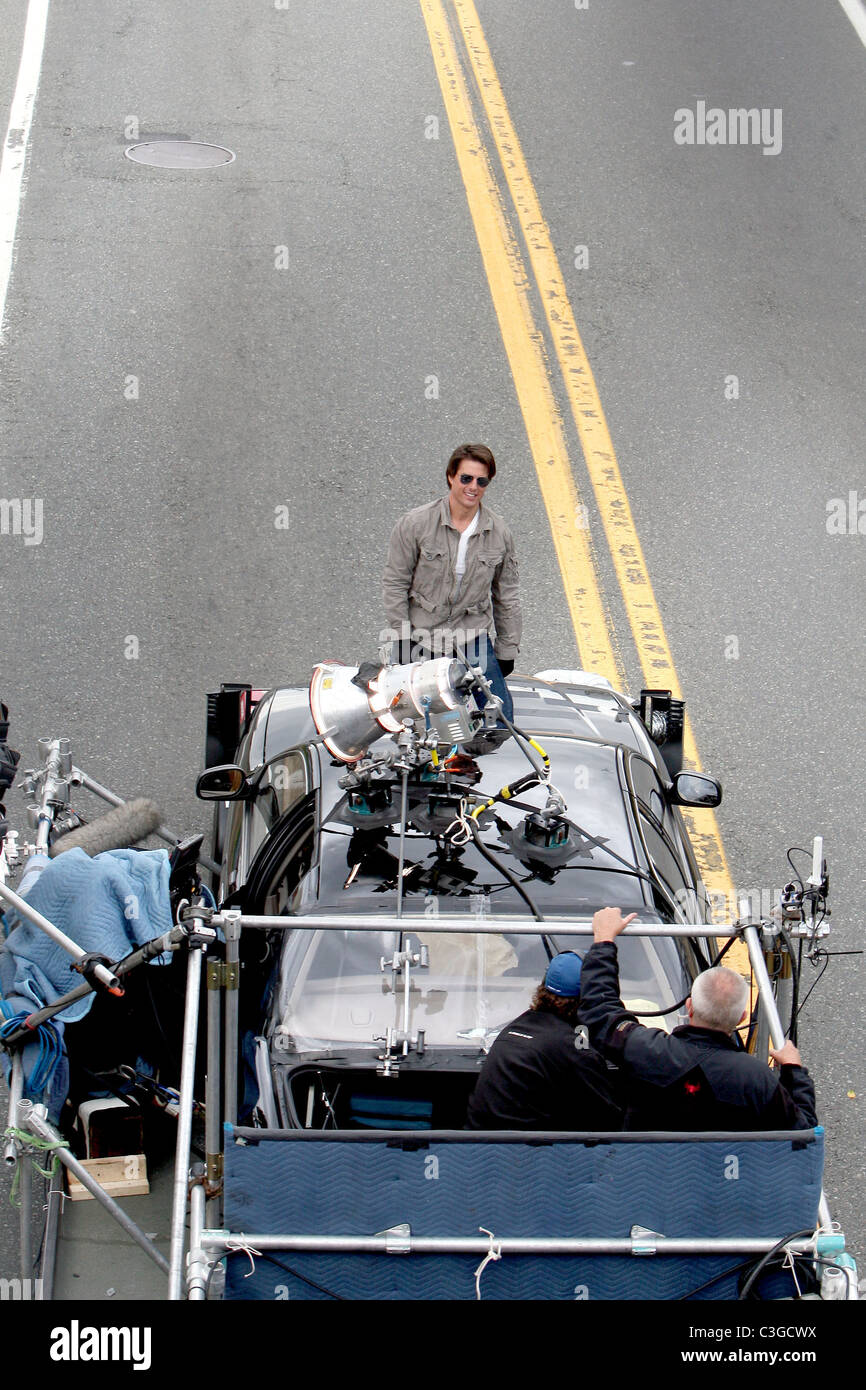 Tom Cruise filming a stunt scene on top of a car while on the set of his new movie 'Wichita' Boston, Massachusetts - 30.09.09 Stock Photo