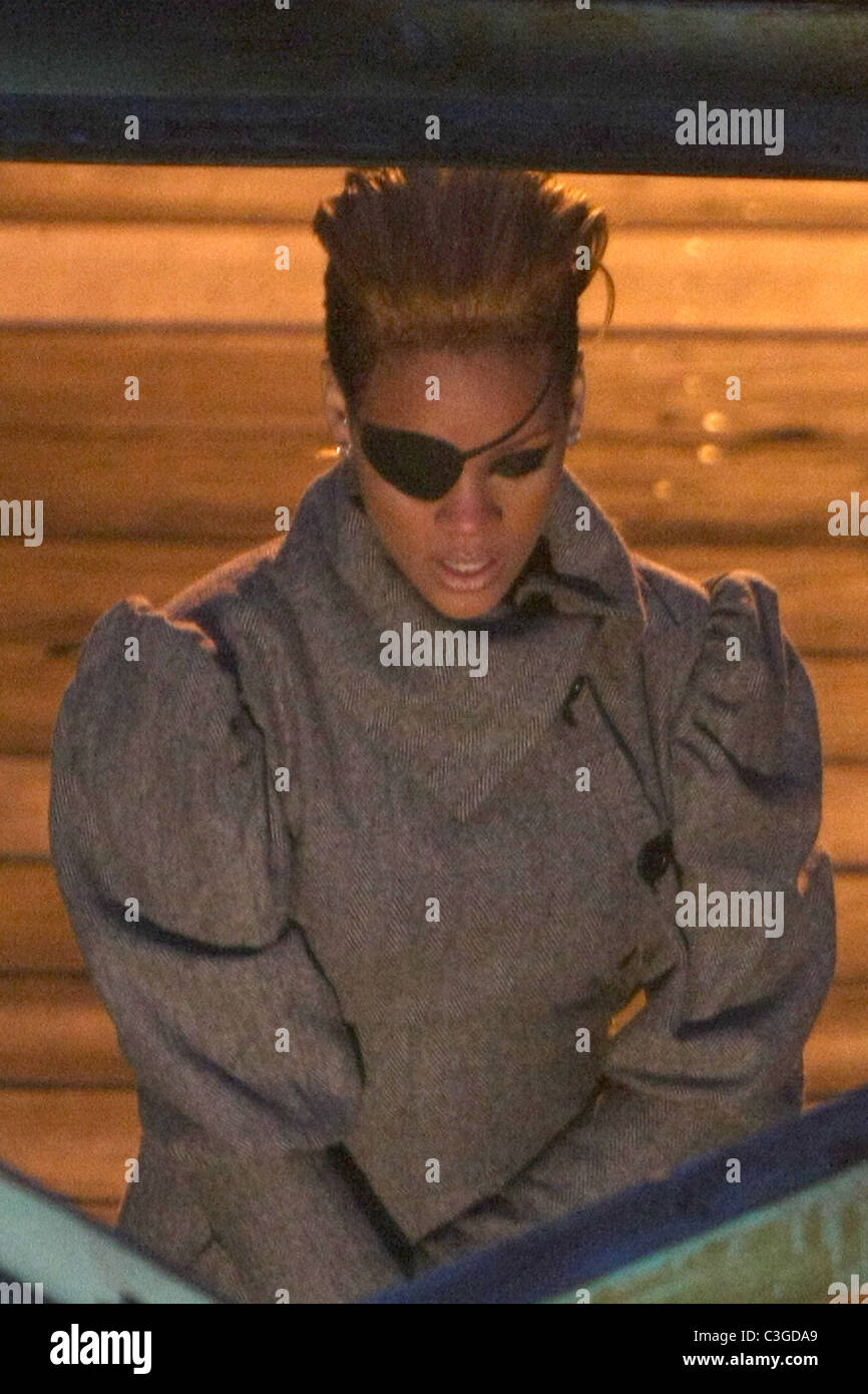 Rihanna wears an eyepatch on the set of her new music video