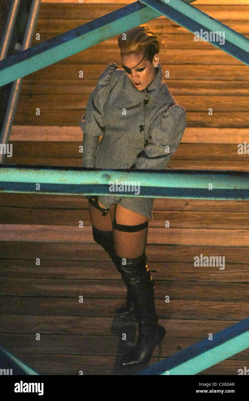 Rihanna wears an eyepatch on the set of her new music video