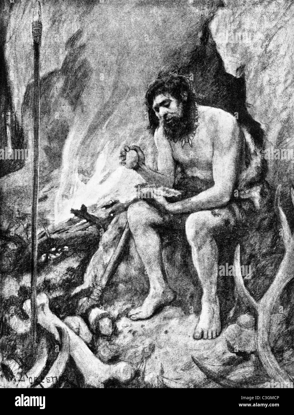 Vintage illustration depicting a caveman making a stone weapon by ...