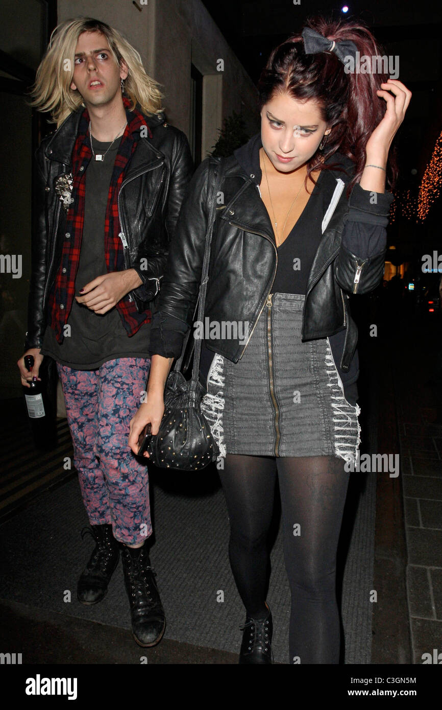 Peaches Geldof and a friend outside a hotel in Mayfair London, England