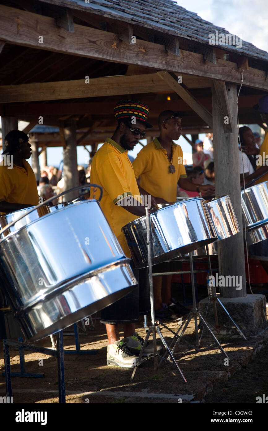 Steel drum band plays at Shirley heights in Antigua Stock Photo Alamy