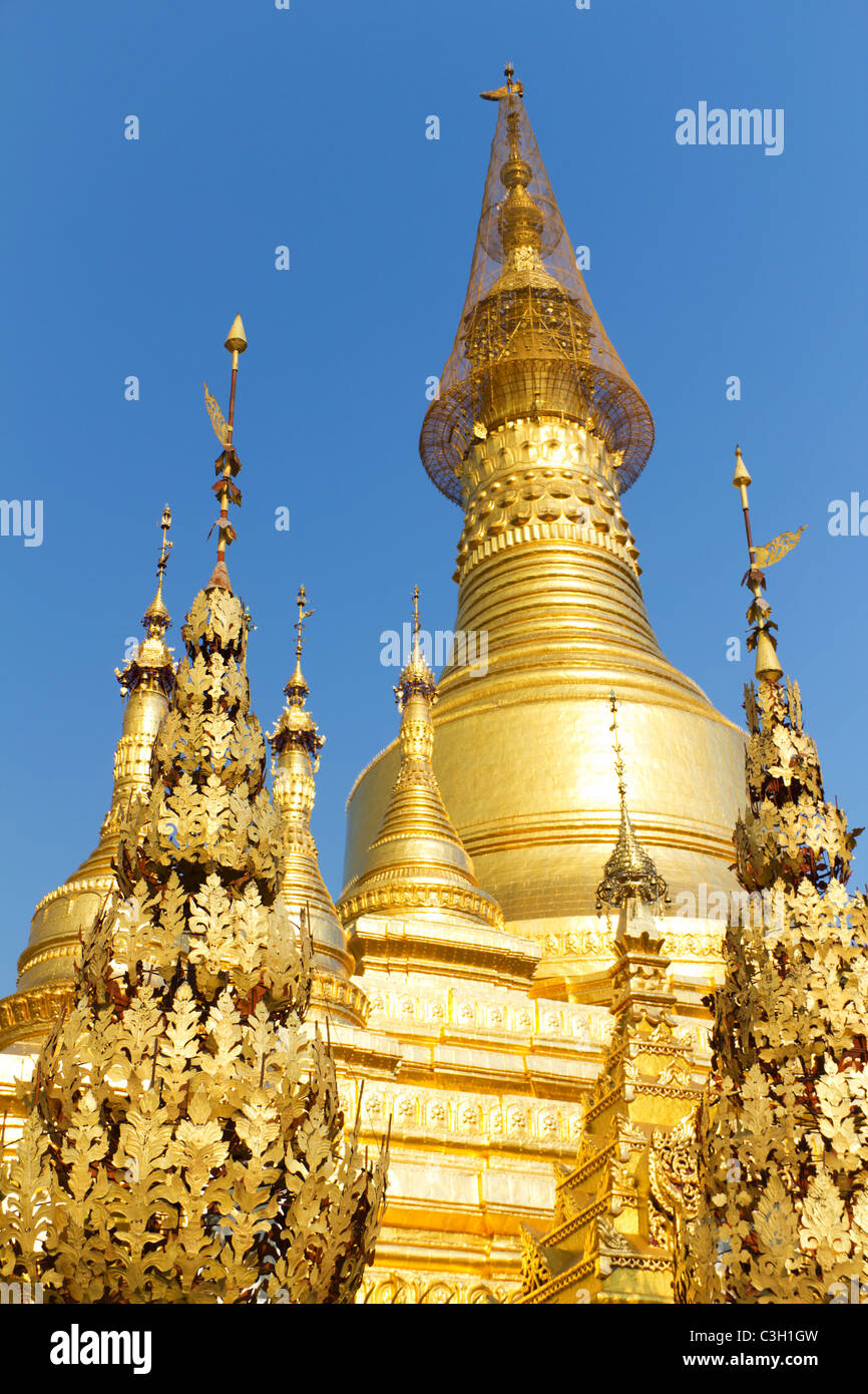 Golden Structures at the Buddhist Burmese Temple of Shwesandaw Paya in Pyay, Myanmar Stock Photo