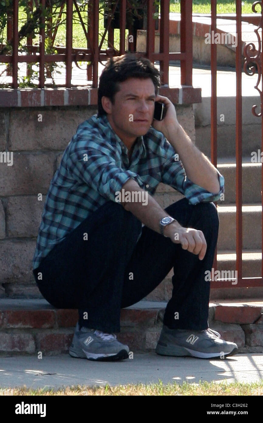 Jason Bateman seen talking on the phone during the filming of his new