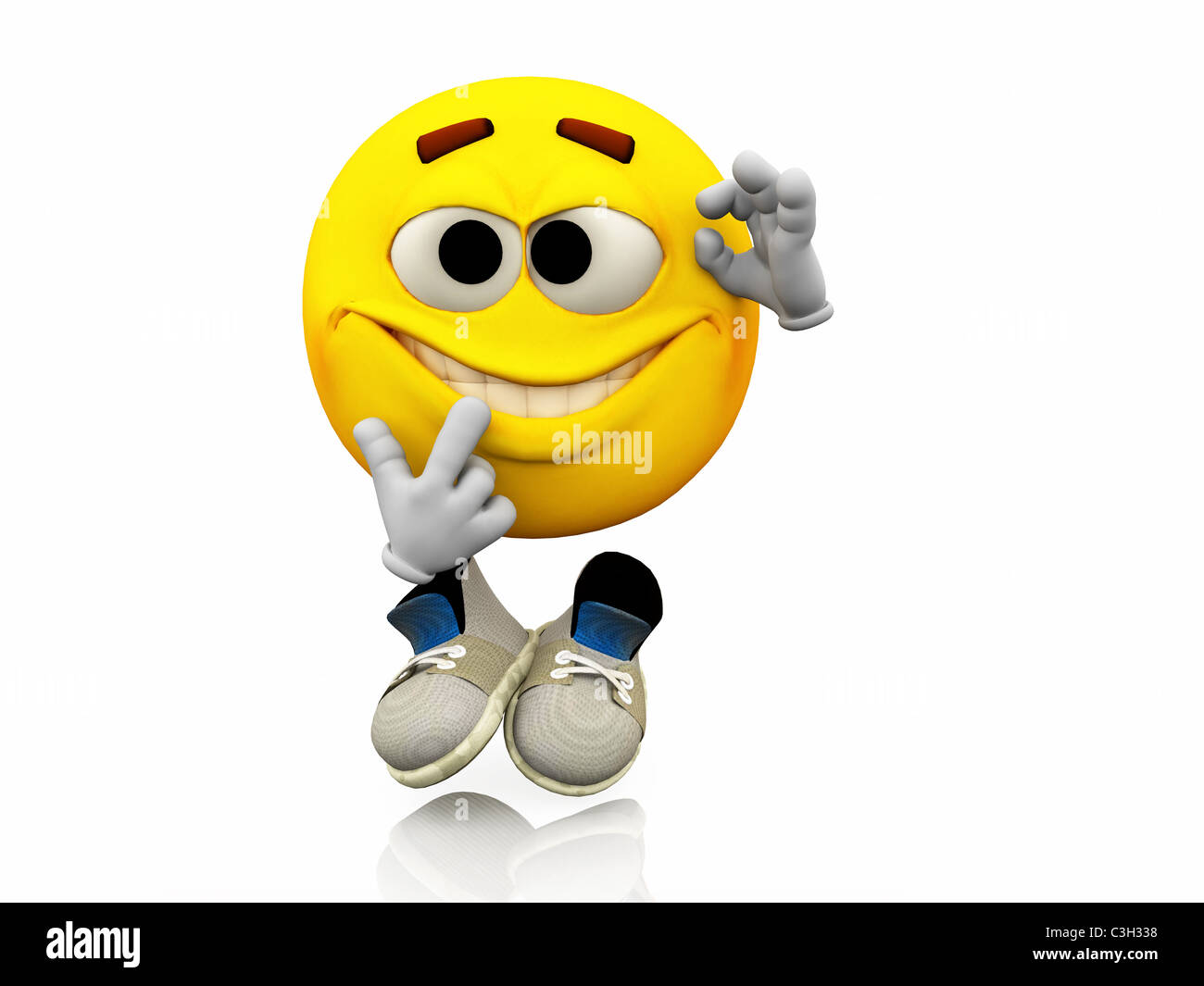 Smiley, Emoticon. Facial expression. Nerd emotional expression on a yellow face with large eyes withshoes. Nerd gesture. Stock Photo