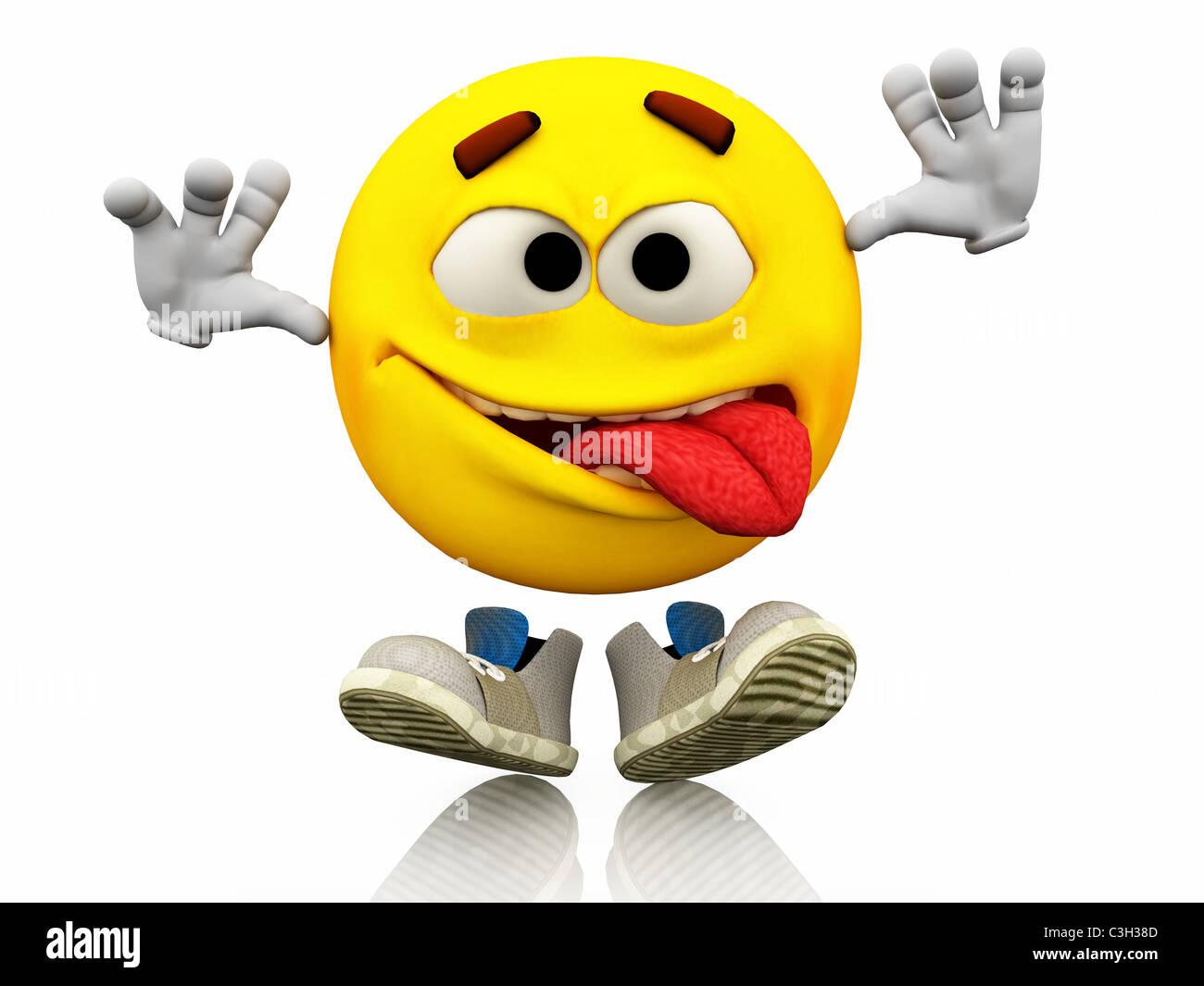 Smiley, Emoticon. Facial expression.  Emotional tongue out expression on a yellow face with large eyes with shoes. Happy. Stock Photo
