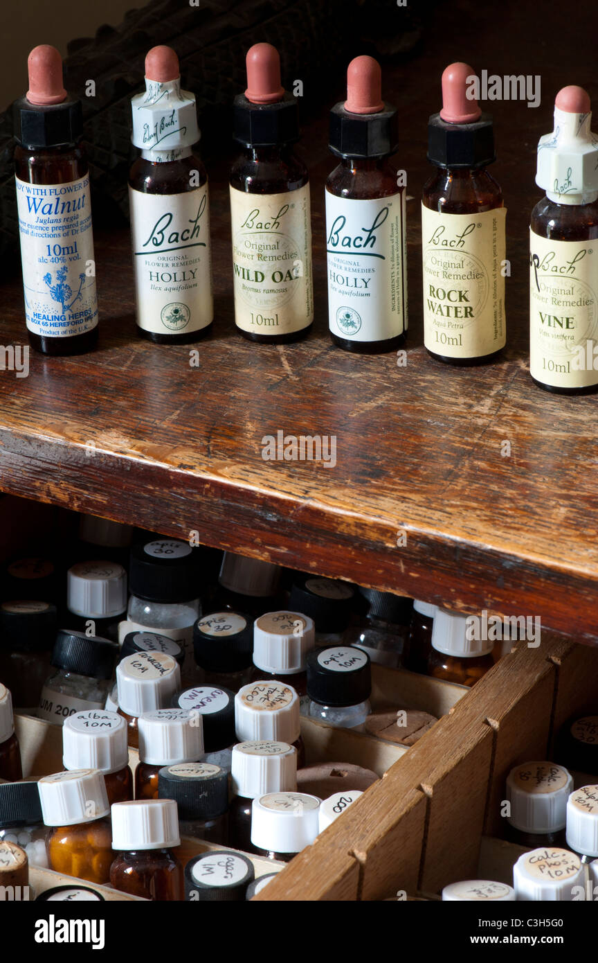 Bottles of Bach flower essences and Homeopathic remedy pills Stock Photo