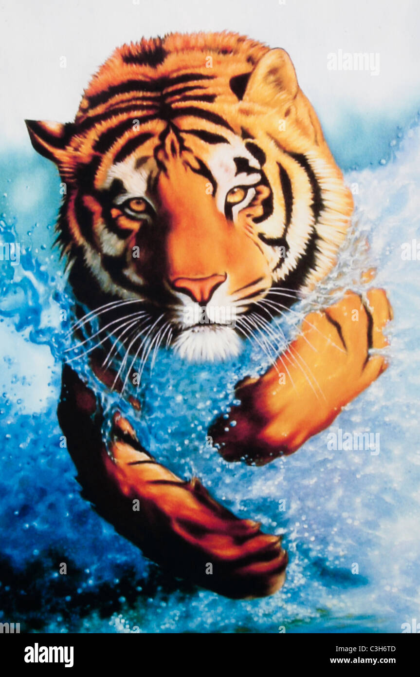 Bengal Tiger running on beach - Oil painting Stock Photo