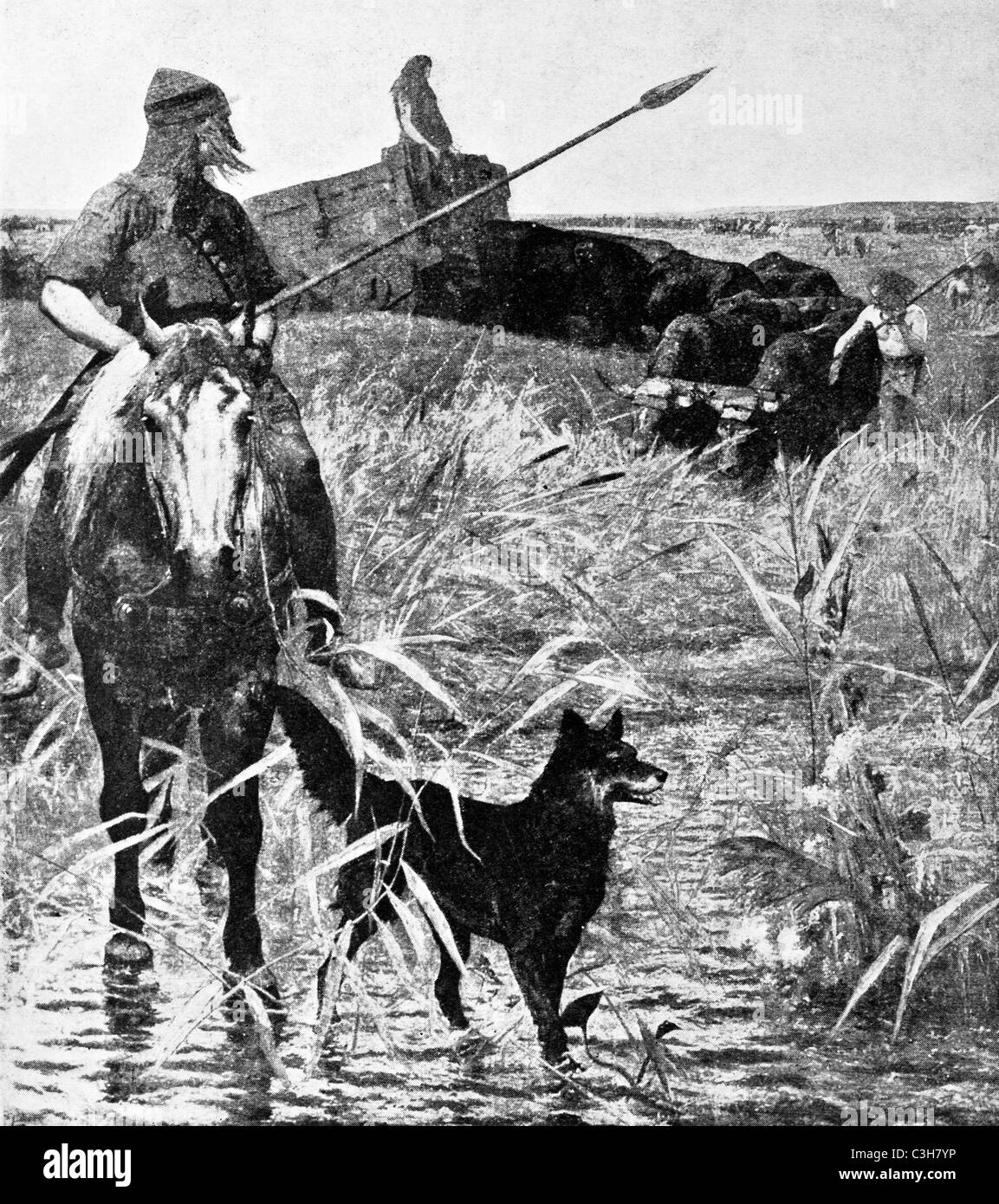 Vintage illustration depicting iron age hunters in britain hires stock