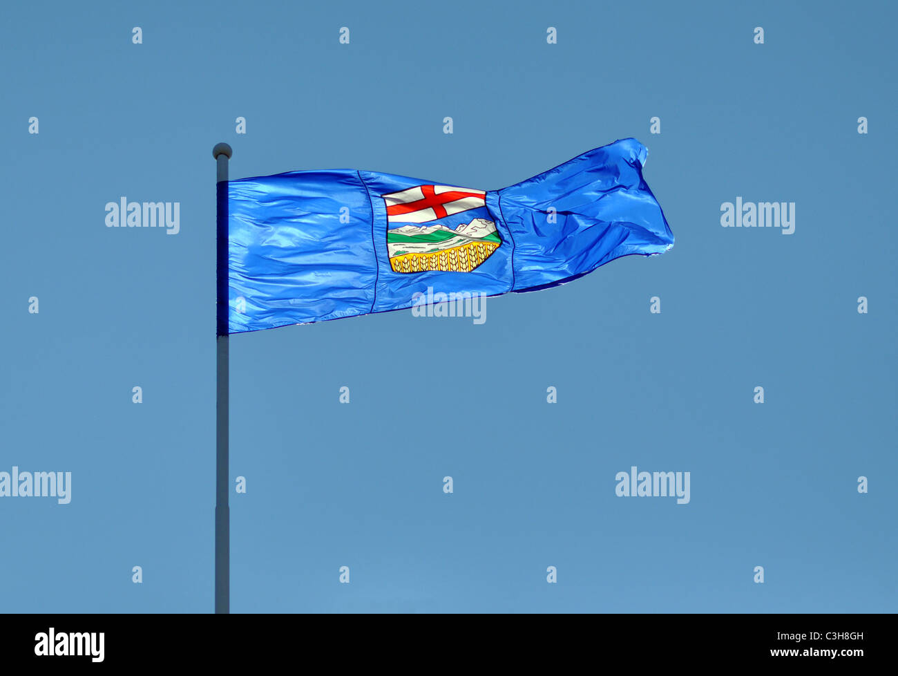 Provincial Flag for Alberta, Canada blowing in the wind illuminated by sunlight. Stock Photo
