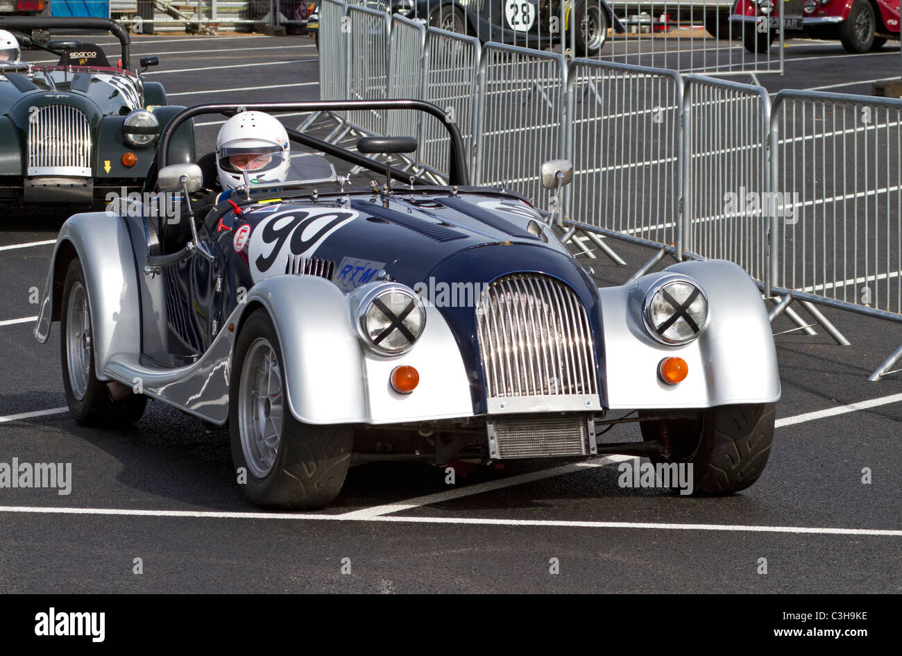 1996 Morgan Roadster Lightweight with driver Tony Rivers in the paddock for the CSCC Morgan Challenge, Snetterton, Norfolk, UK. Stock Photo