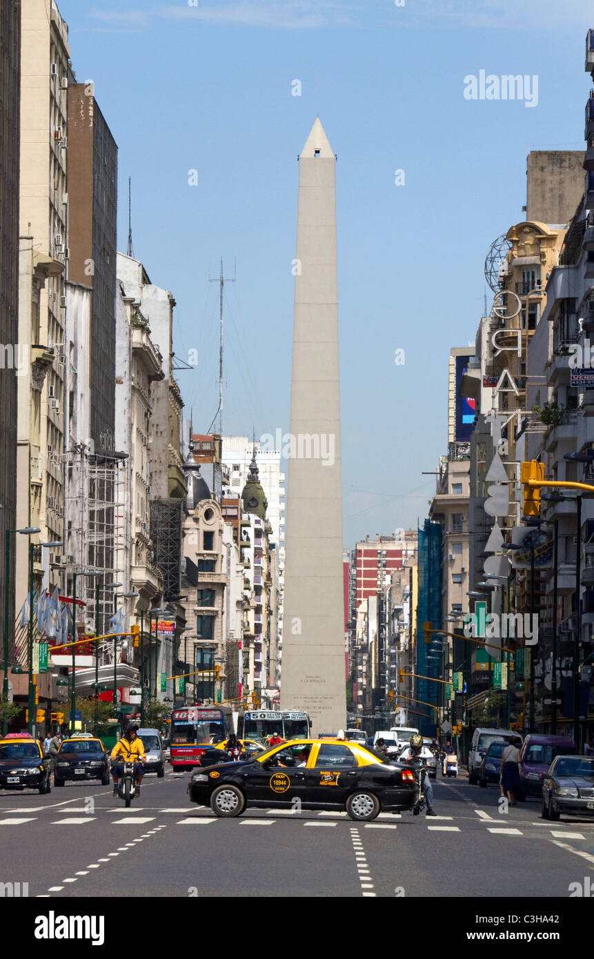 Avenida Corrientes and the Obelisk of Buenos Aires, Argentina. Stock Photo