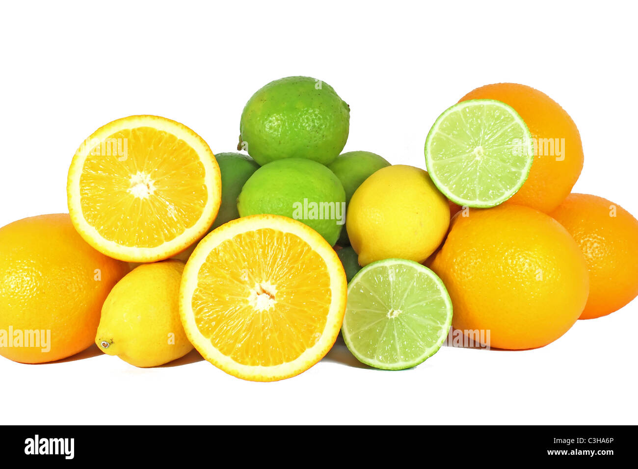 Orange, limes and lemon citrus fruits isolated on white background ...