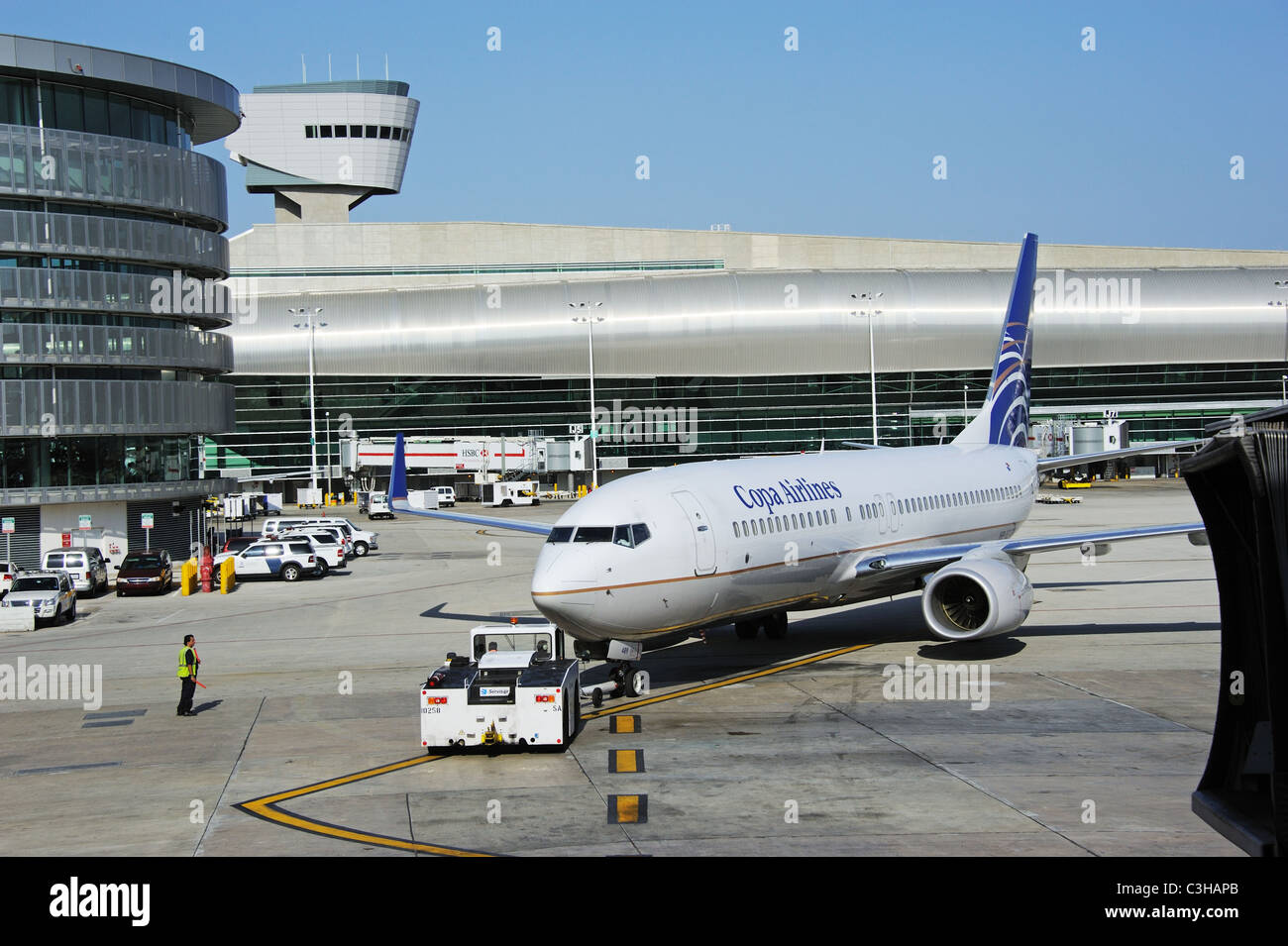 Copa Airlines boeing 737 aircraft being pushed back off the stand at Miami International Airport Florida USA Stock Photo