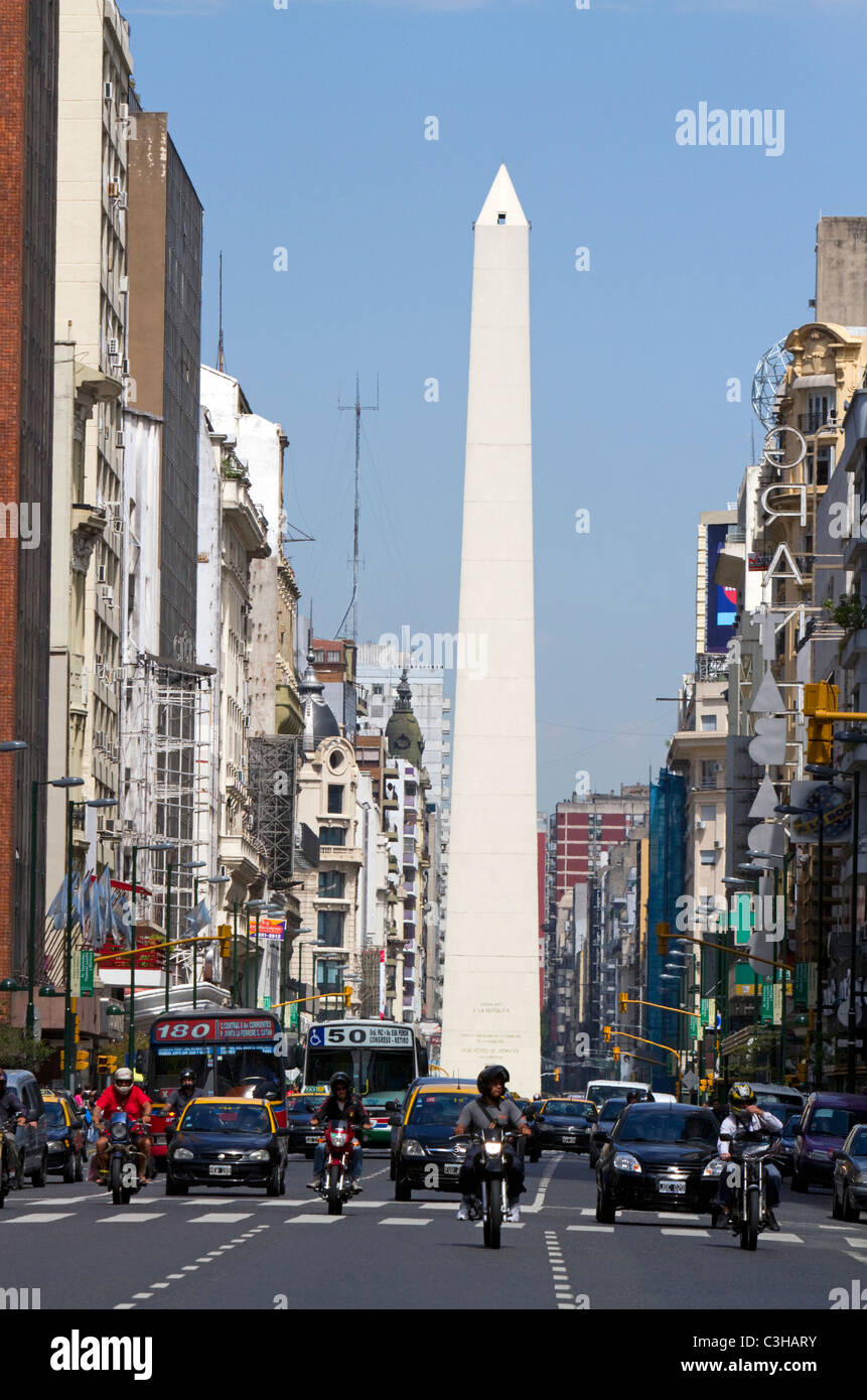 Avenida Corrientes and the Obelisk of Buenos Aires, Argentina. Stock Photo