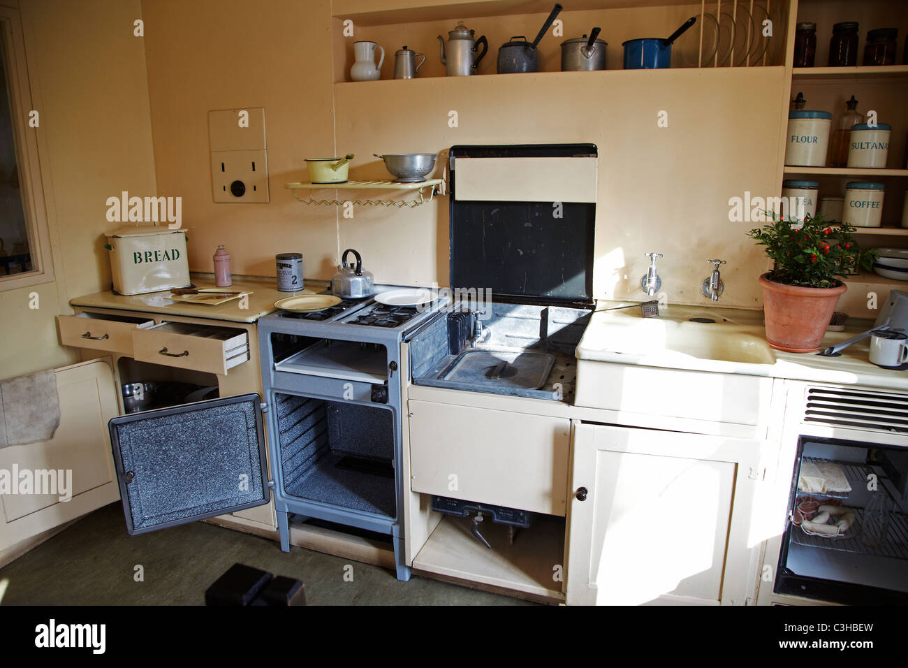 Kitchen in a Prefabricated House from the 1950's, St Fagans National History Museum, St Fagans, South Wales, UK Stock Photo