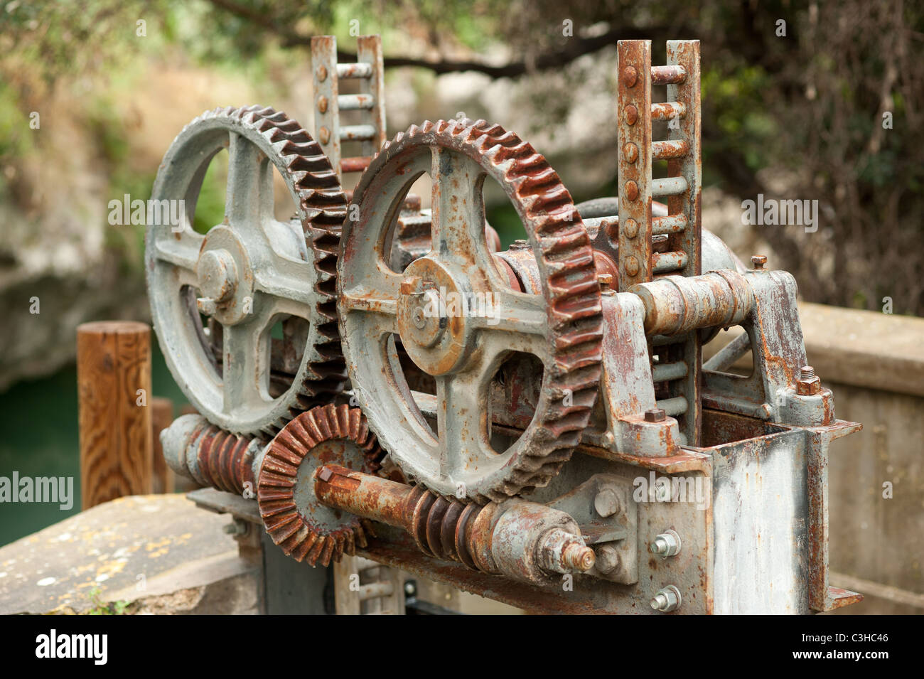 Vintage dented wheel mechanism, still in use Stock Photo