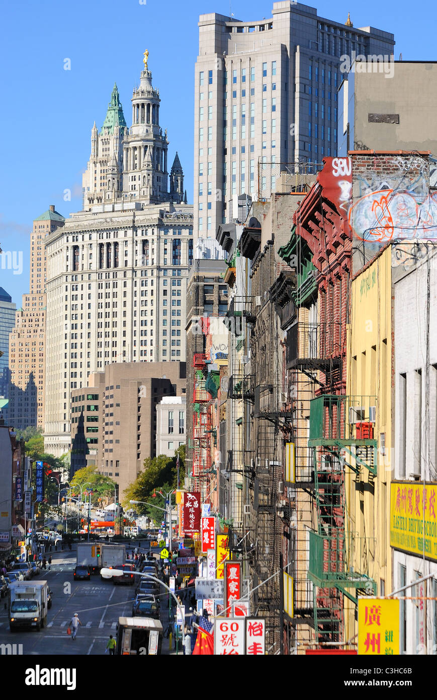 Chinatown in Downtown New York City with the Municipal Building in view. Stock Photo