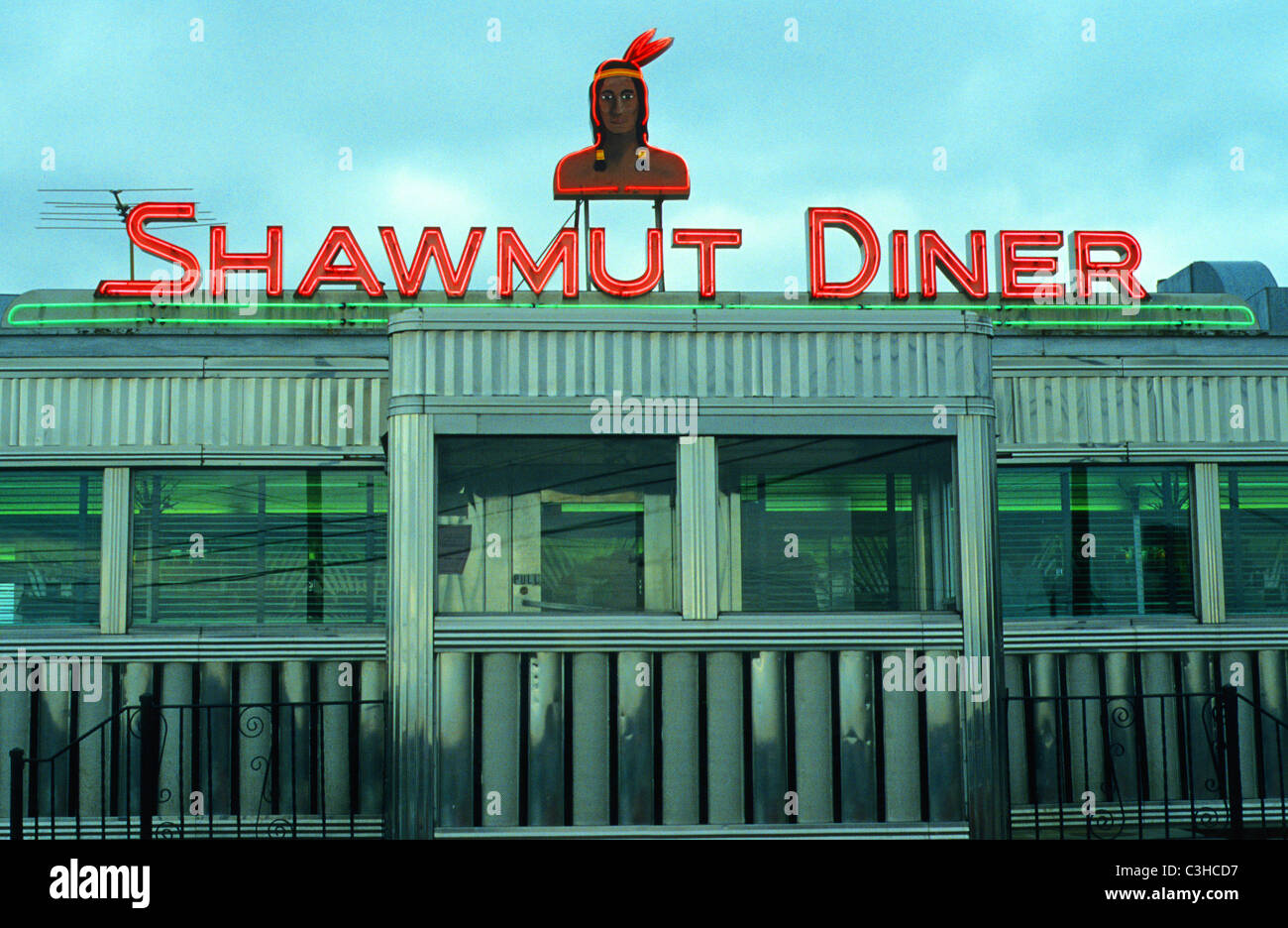 Neon sign of NativeAmerican on top of the Shawmut Diner in New Bedford
