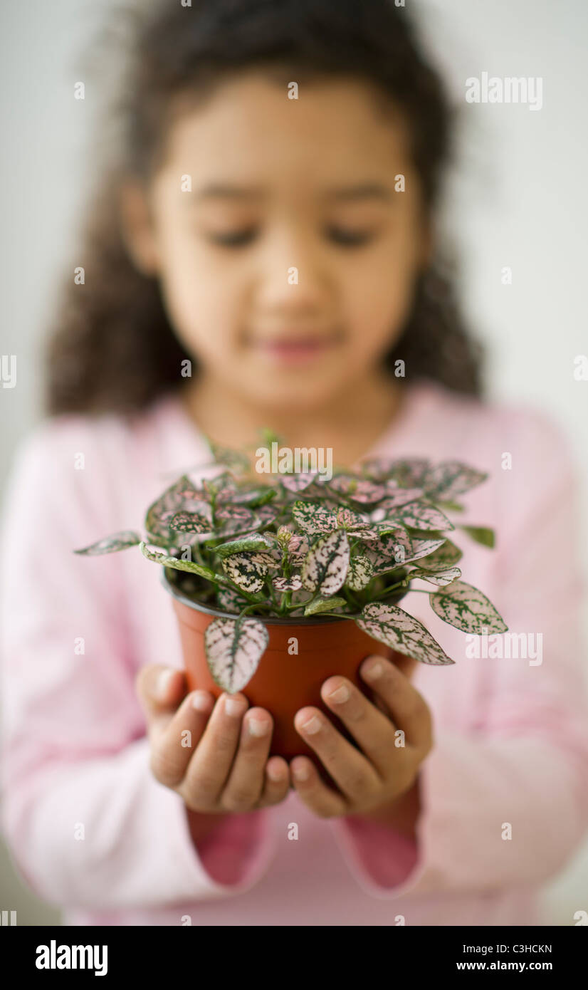 Portrait of defocused girl (6-7) holding potted plant Stock Photo - Alamy