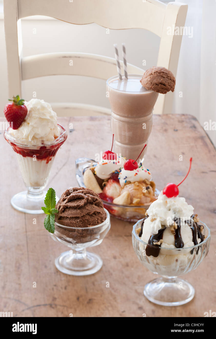 Selection of ice cream on table Stock Photo