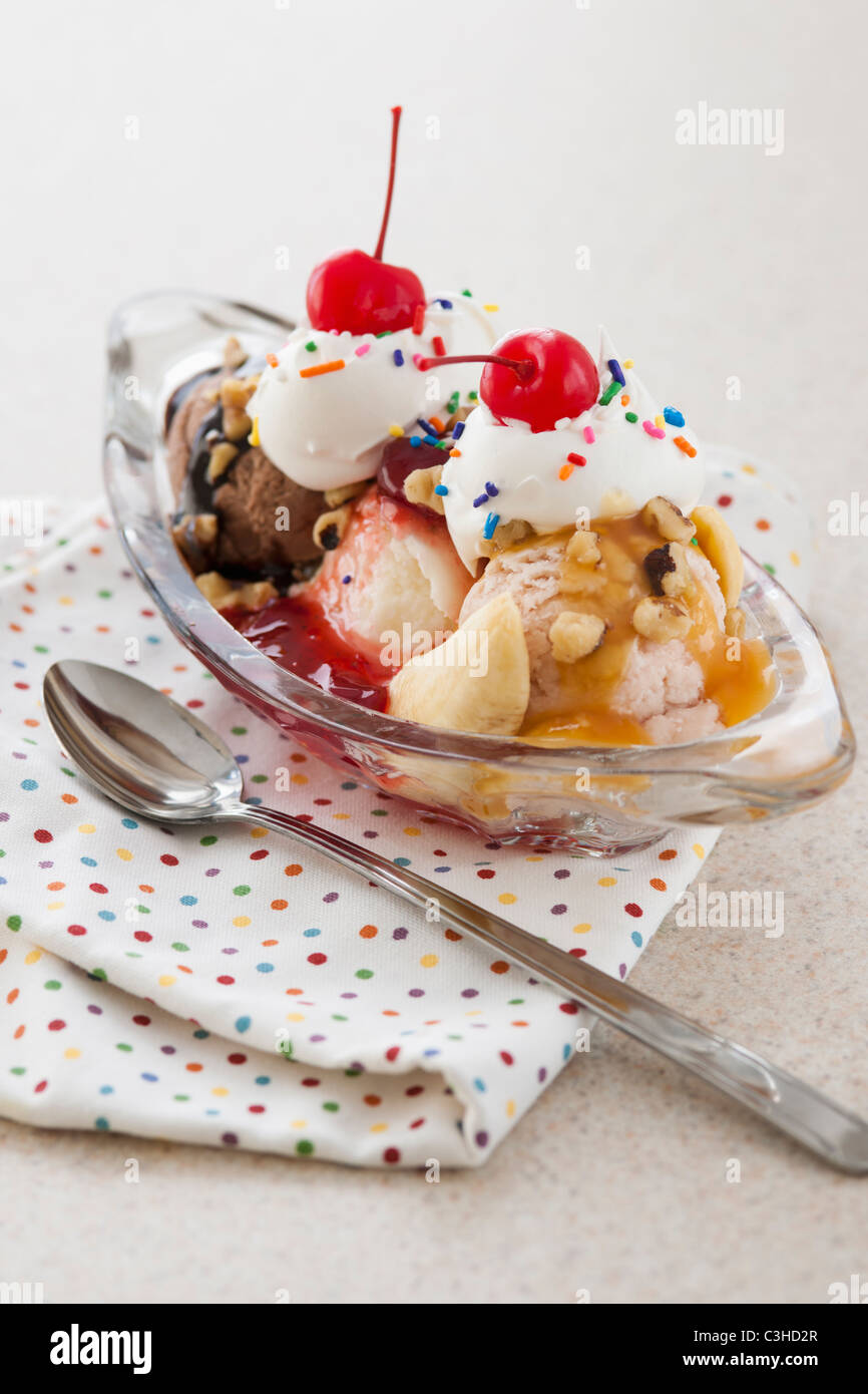 Close up of ice cream dessert with colorful topping Stock Photo