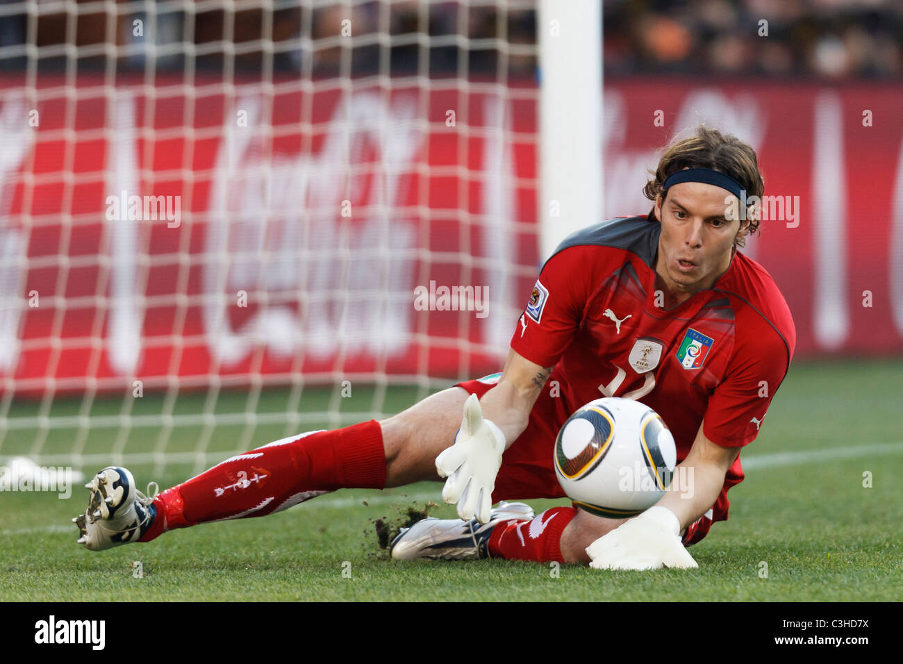 Italy goalkeeper Federico Marchetti makes a save during a 2010 World Cup soccer match against Slovakia June 24, 2010. Stock Photo