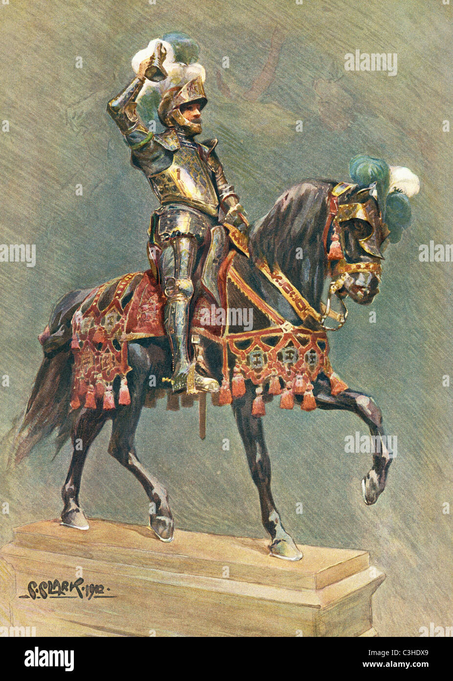 The Dymoke Suit of Armour of Sir Christopher Hatton. From The Connoisseur Magazine, published 1902. Stock Photo