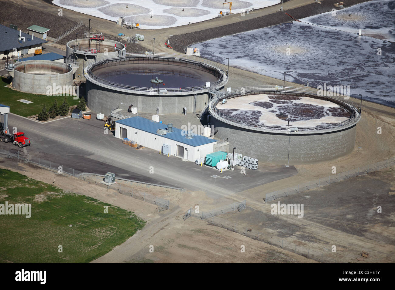 An aerial view of a water treatment facility Stock Photo