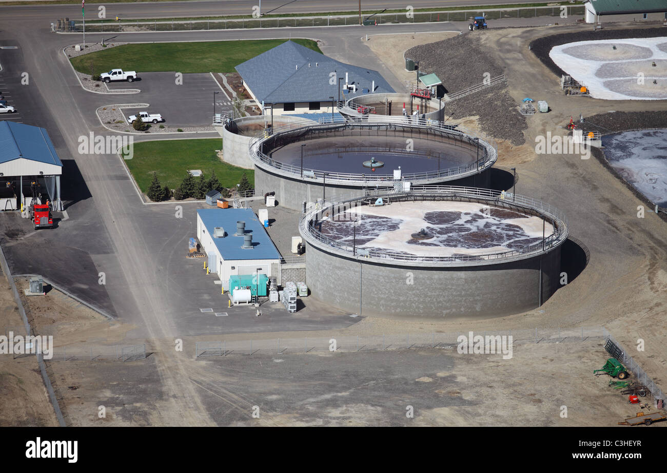 An aerial view of a sewage water treatment facility Stock Photo