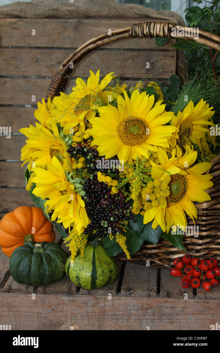Autumn harvest fruit still with sunflowers and pumpkins Stock Photo