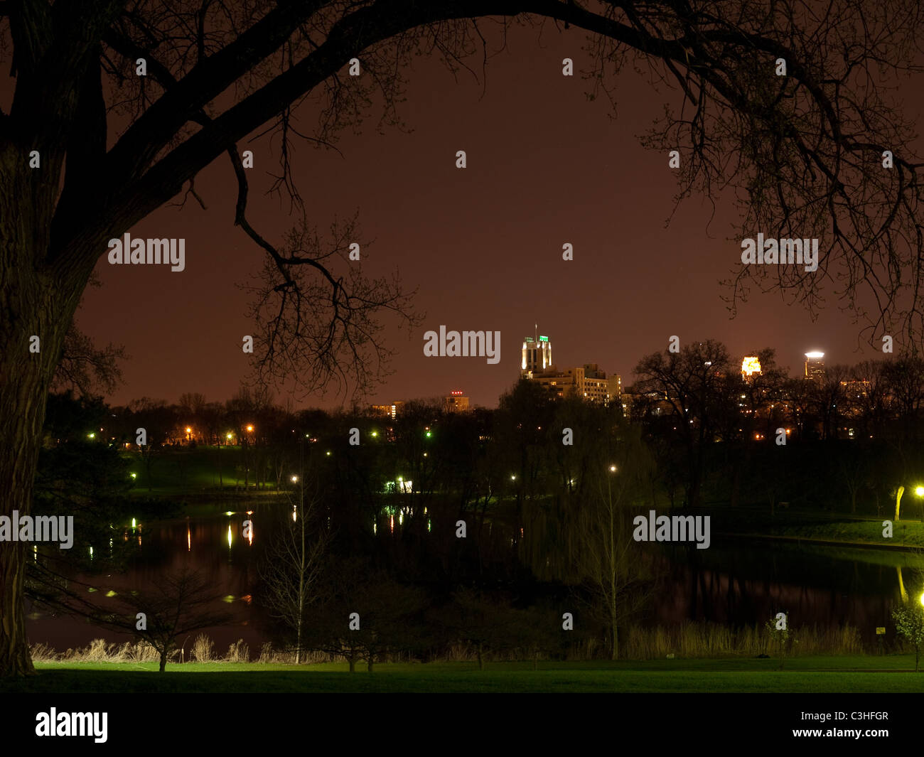 view of Minneapolis skyline from south part of Powderhorn Park, Minneapolis, MN 2011 Stock Photo