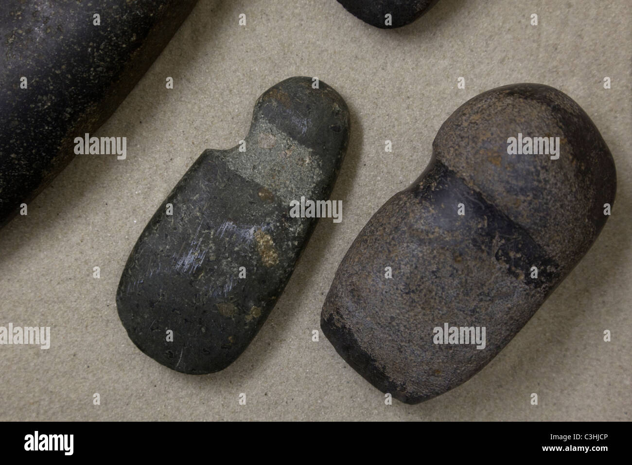 Salado Culture stone tools, axe heads, at Besh-Ba-Gowah Archaeological Park in Globe, Arizona, USA. Stock Photo
