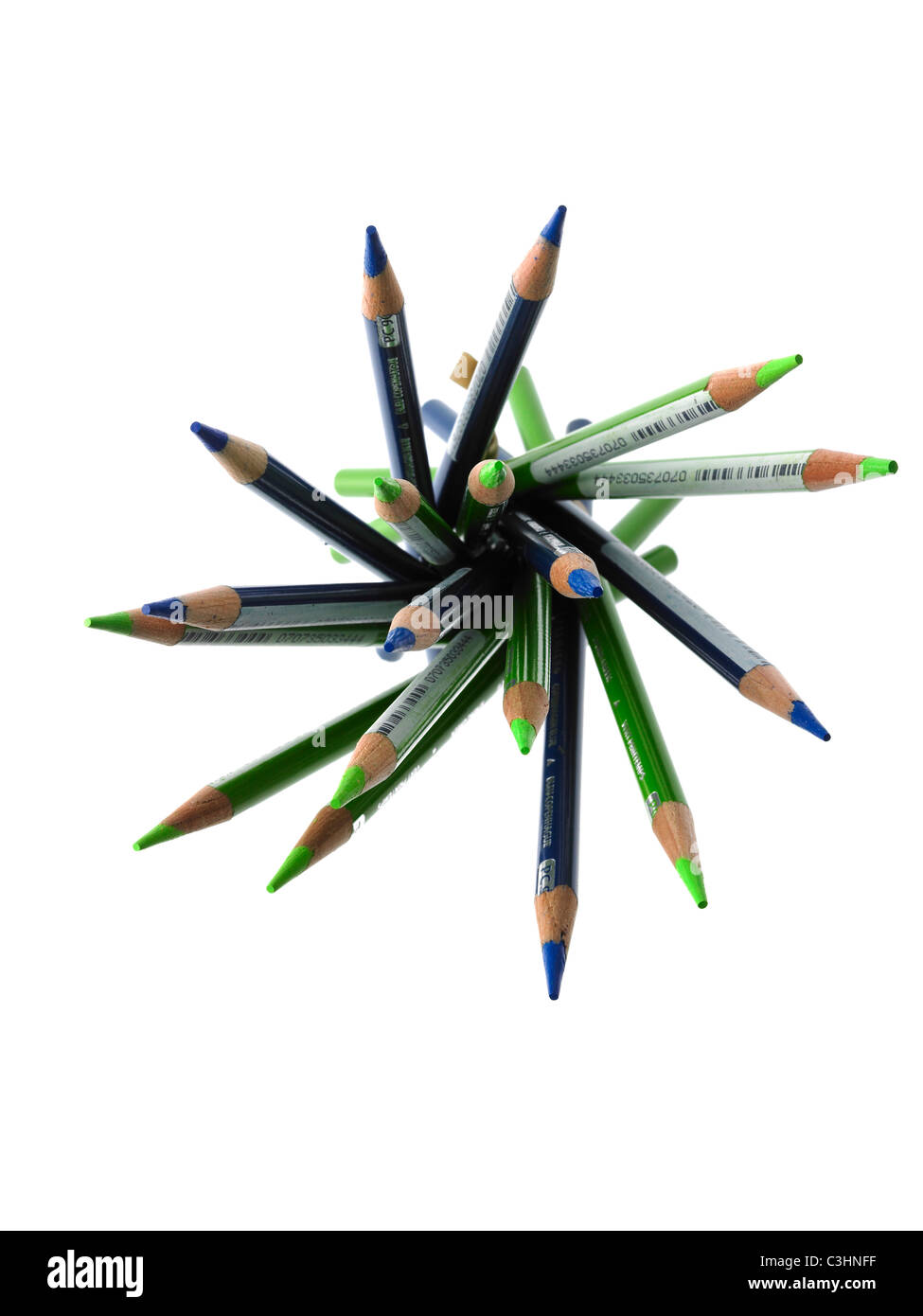 Green and blue colored pencils Stock Photo