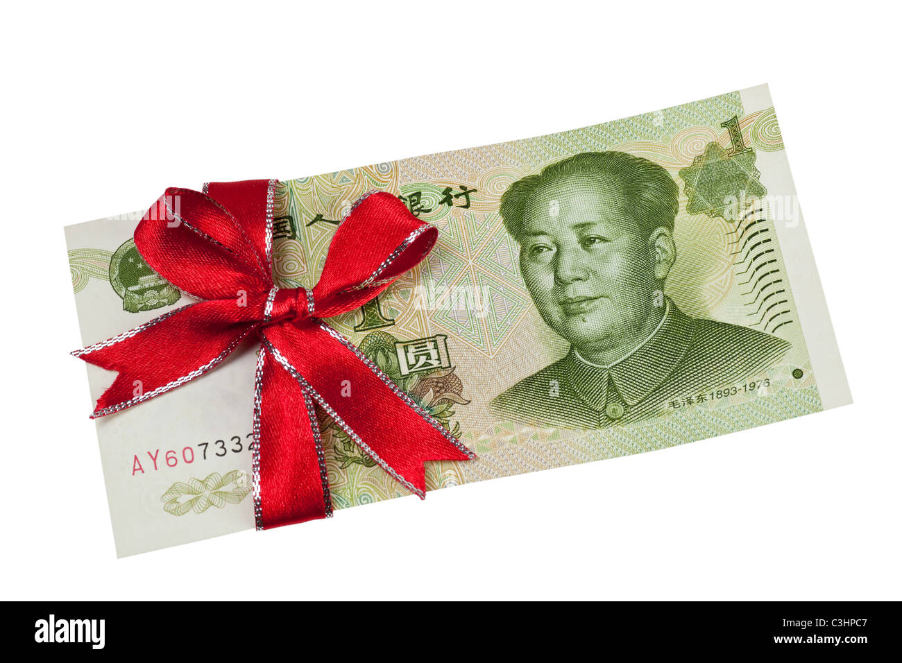 One Chinese Yuan wrapped by ribbon isolated on white background Stock Photo