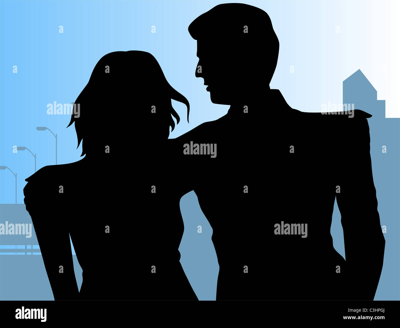 Silhouette of a couple standing near a beach background Stock Photo - Alamy