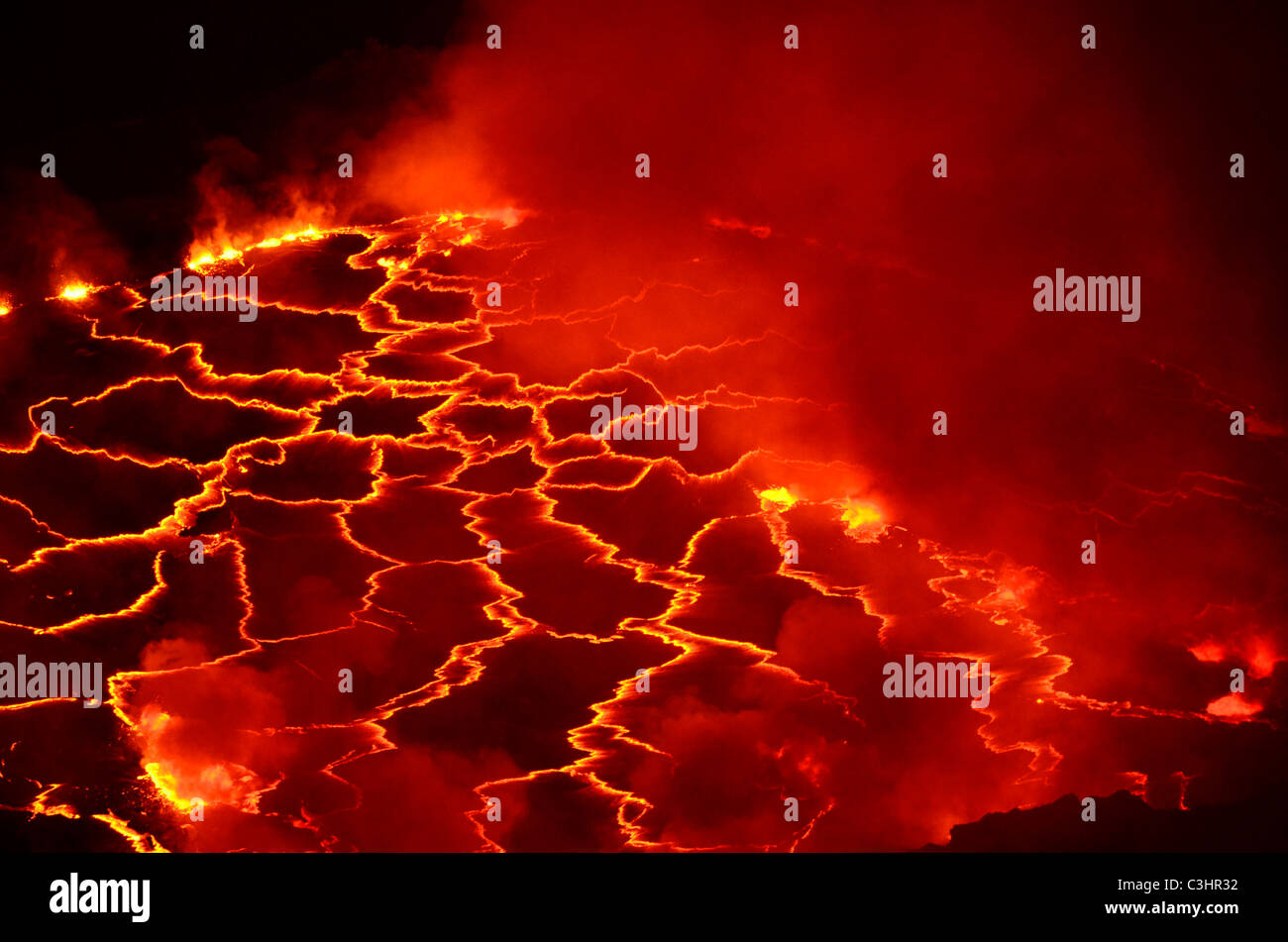 Lava lake in Nyiragongo active volcano, Virunga National Park, near Goma on Lake Kivu in Democratic Republic of Congo. Stock Photo