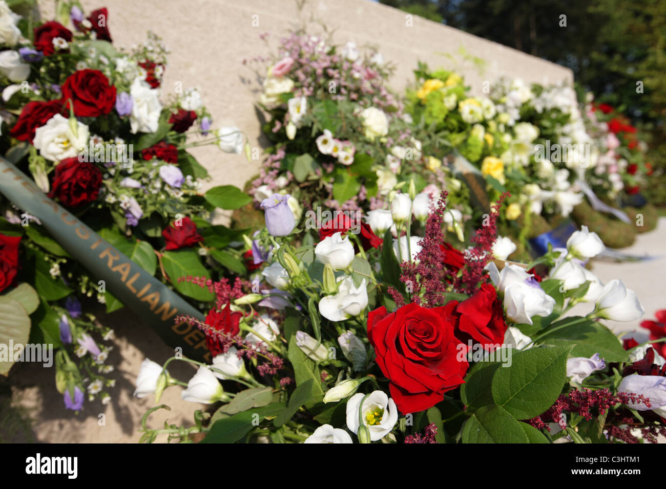 ANZAC day floral tribute laid at the memorial at Polygon Wood. Stock Photo