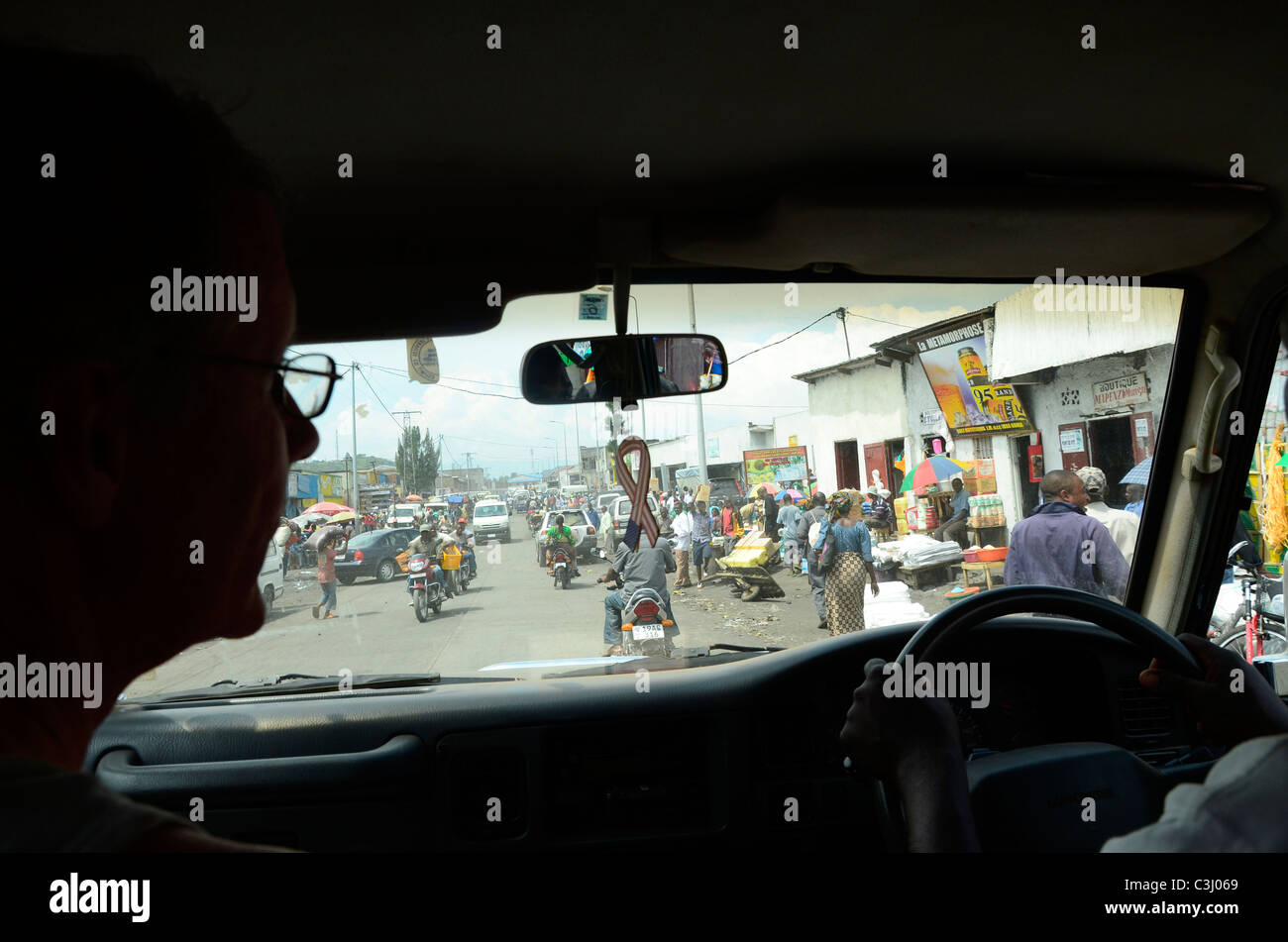 Street scene in Goma, city of volcanic eruptions, on lake Kivu, eastern Democratic Republic of Congo in the Rift Valley. Stock Photo