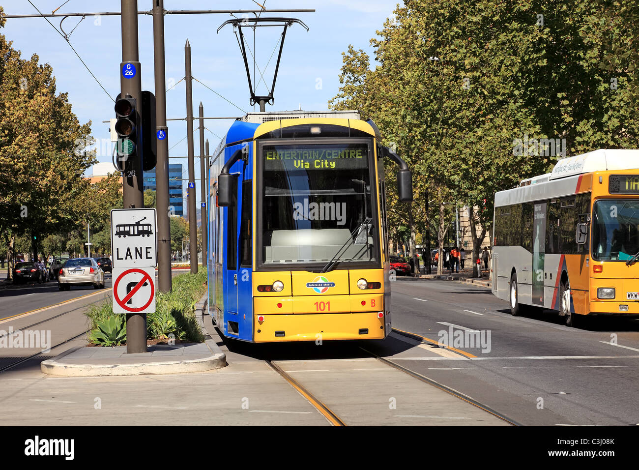 Tram light rail system city of Adelaide in operation since 2008 to ease city congestion Stock Photo