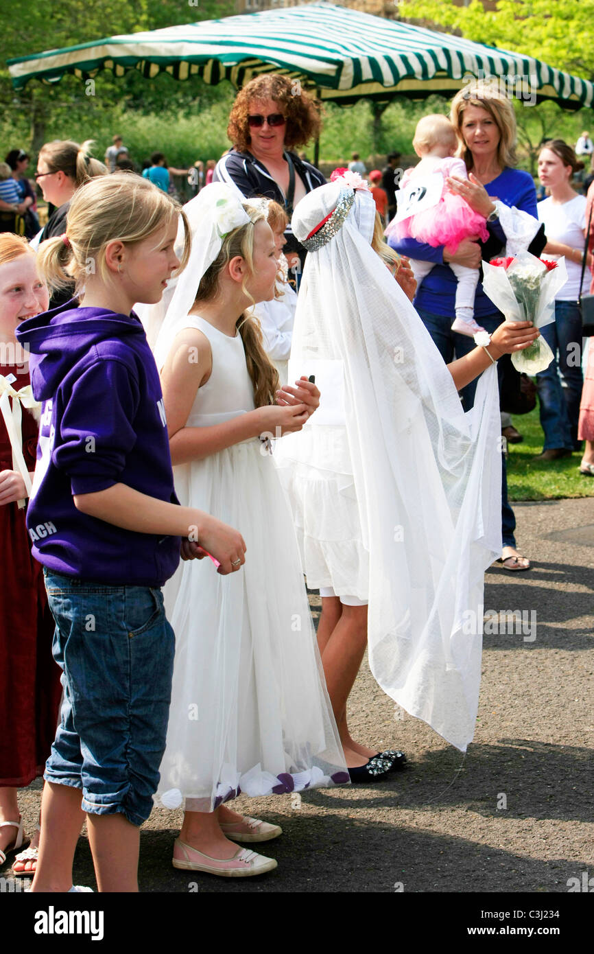 Young girls dressed in weddings gowns at a Royal wedding Fancy-dress ...